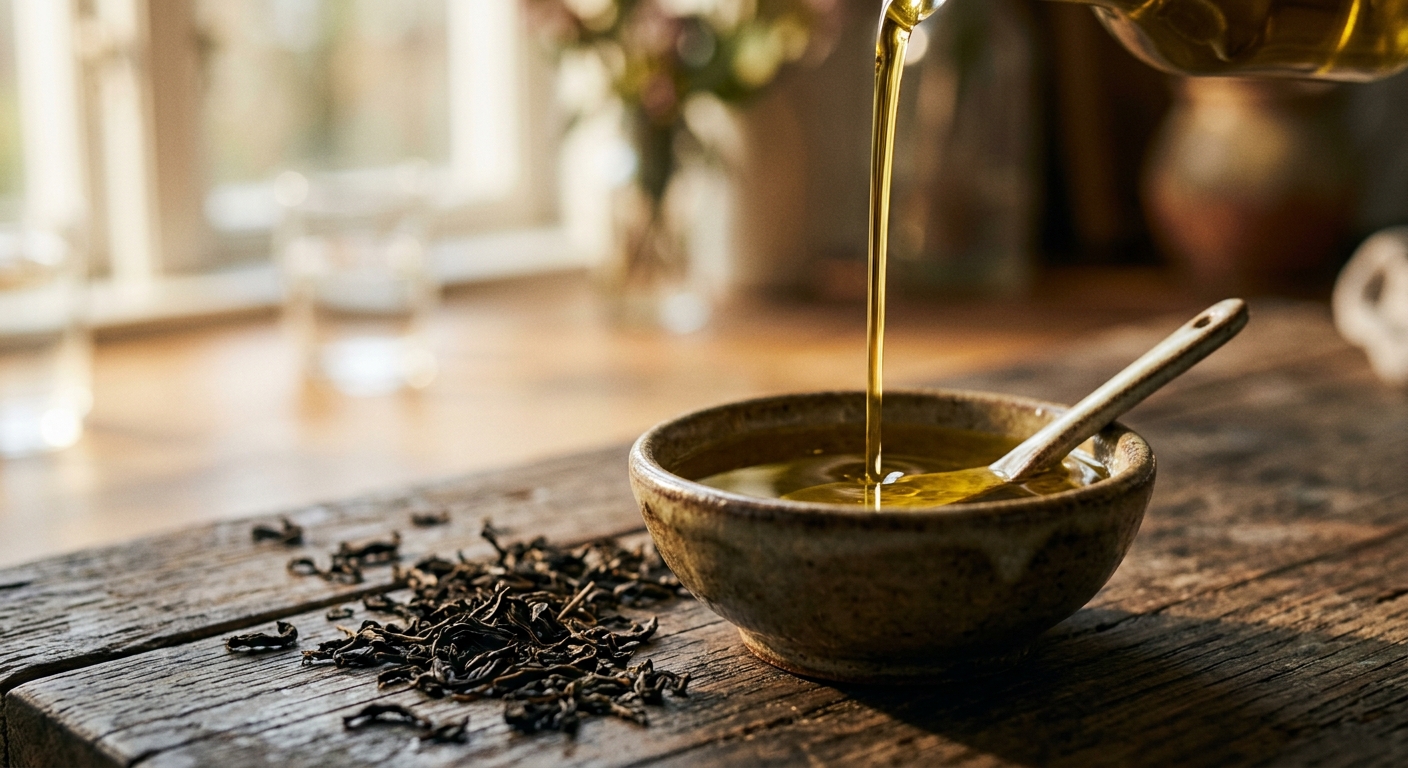 Aceites gourmet artesanales en luz cálida de mañana