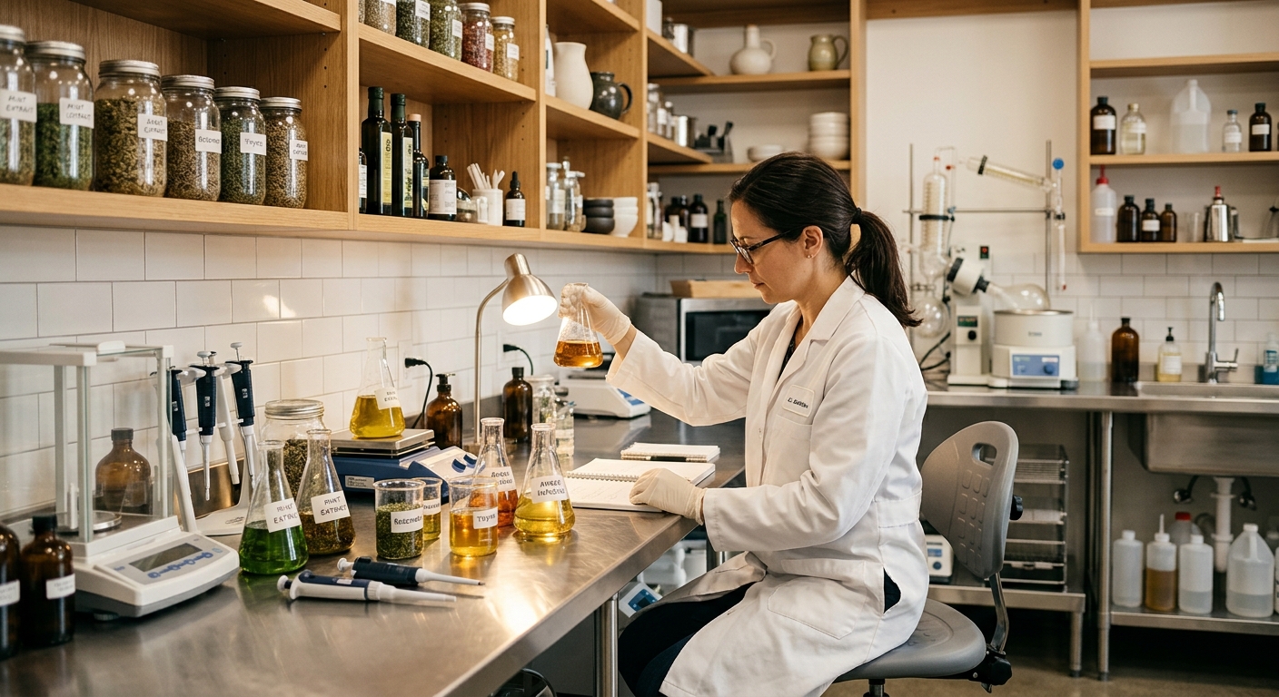 Laboratorio moderno de alimentos con equipamiento de acero inoxidable y extractos herbales