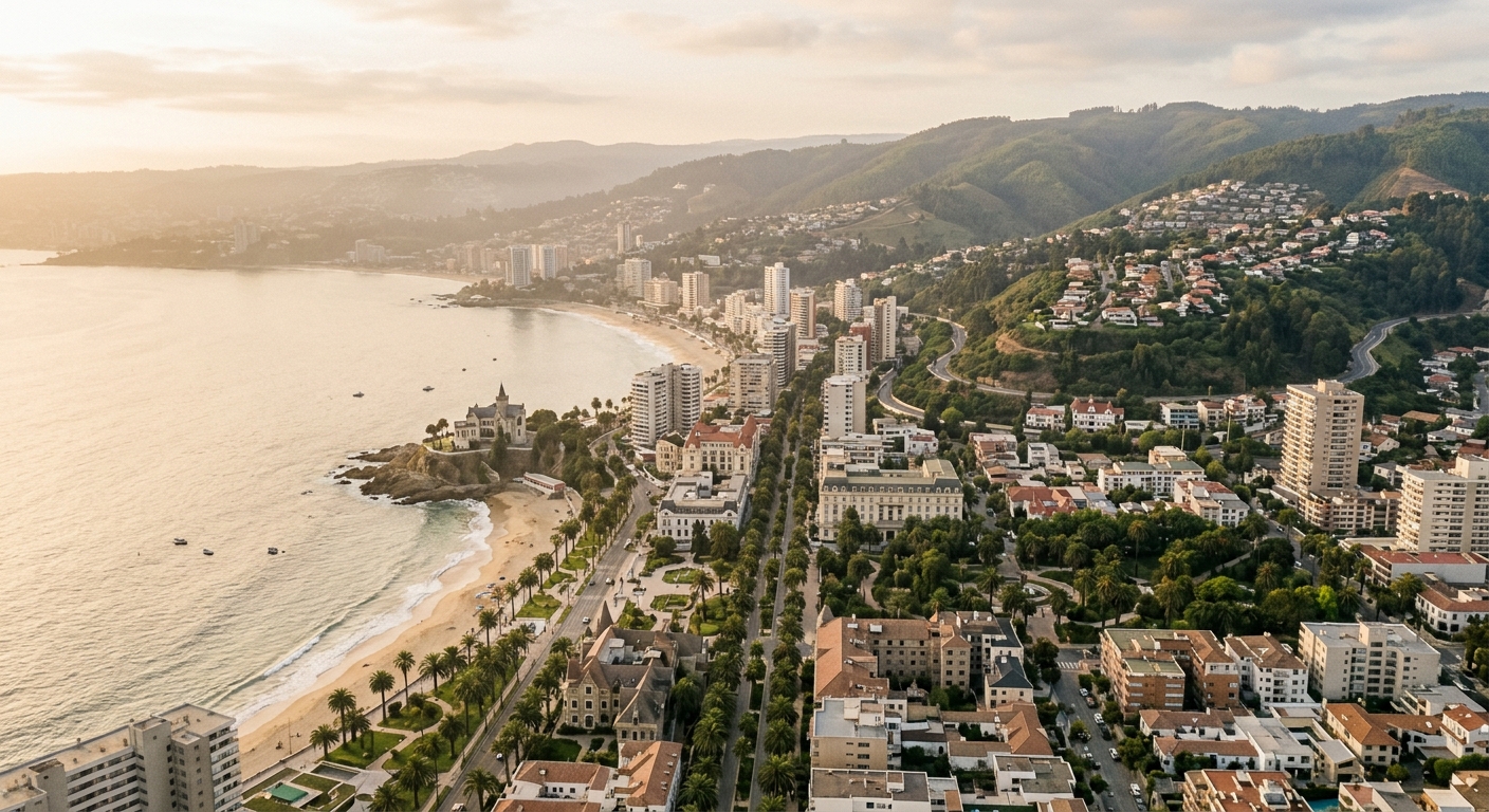 Vista aérea de ciudad costera con colinas y arquitectura elegante